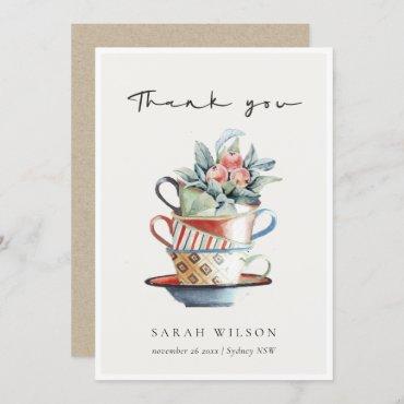 Pastel Soft Red Blue Stacked Cups Floral Tea Party Thank You Card