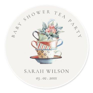 Pastel Stacked Cups Floral Baby Shower Tea Party Classic Round Sticker