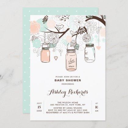 Peach and Mint Mason Jars Baby Shower Invitation