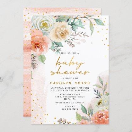 Peach Cream White Roses Floral Gold Baby Shower Invitation