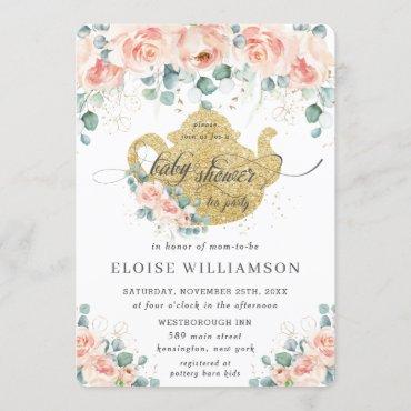 Peach Floral Rose Greenery Baby Shower Tea Party