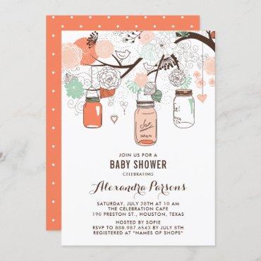 Peach & Mint Mason Jars Floral Baby Shower Invite