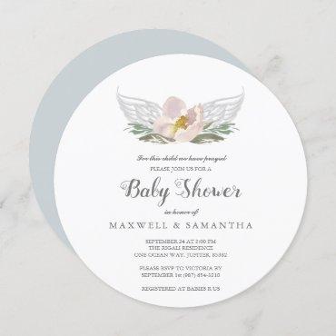Peach Watercolor Florals Angel Wings Baby Shower Invitation