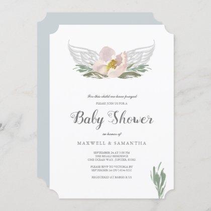 Peach Watercolor Florals Angel Wings Baby Shower Invitation