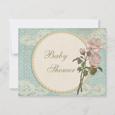 Pearls & Lace Shabby Chic Roses Baby Shower Invitation