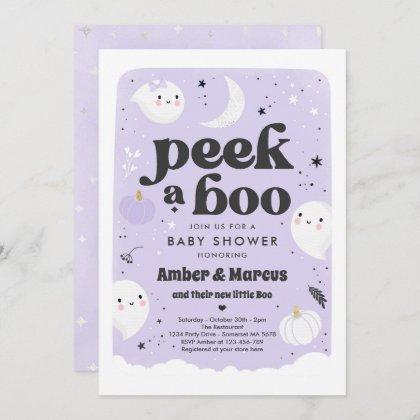 Peek A Boo Cute Purple Ghost Baby Shower Invitation