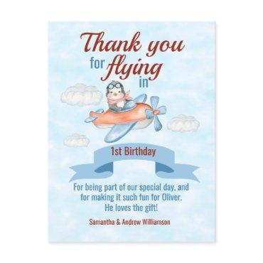 Penguin Airplane Blue 1st Birthday Thank You Card