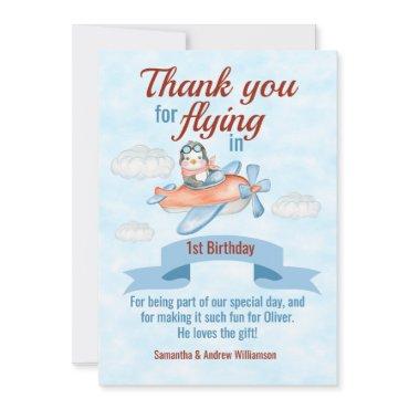 Penguin Airplane Blue 1st Birthday Thank You Card