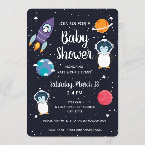 Penguin in Space Baby Shower Space Navy Galaxy