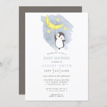 Penguin Moon Winter  Watercolor Baby Shower Invitation