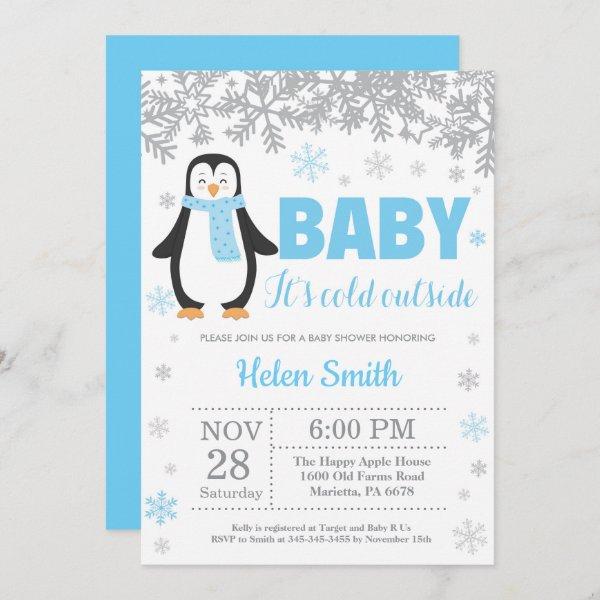 Penguin Winter Blue Boy Baby Shower Snowflake