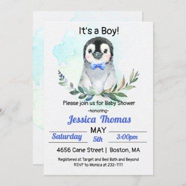 Penguin Winter Boy Baby Shower Invitation
