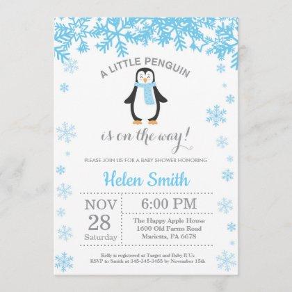 Penguin Winter Boy Baby Shower Snowflake Invitation