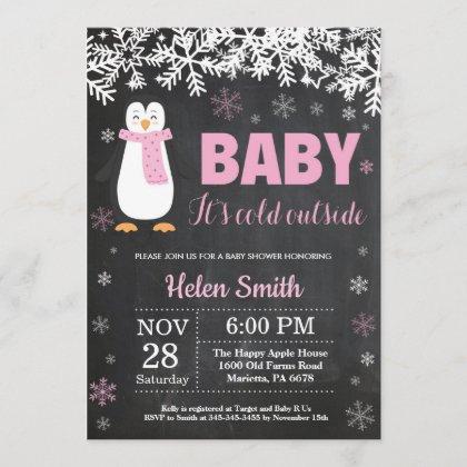Penguin Winter Girl Baby Shower Chalkboard Invitation