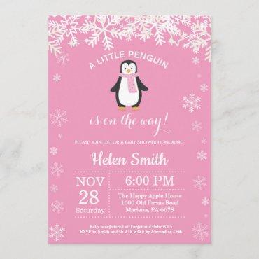 Penguin Winter Girl Baby Shower Snowflake Invitation