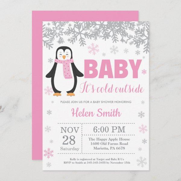 Penguin Winter Pink Girl Baby Shower Snowflake