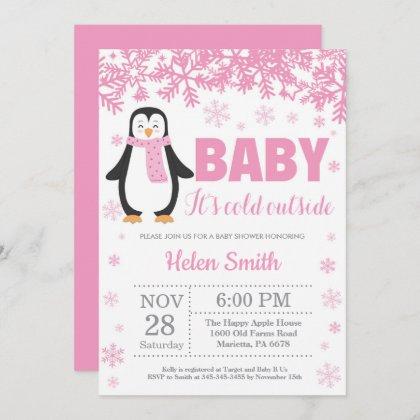 Penguin Winter Pink Girl Baby Shower Snowflake Invitation