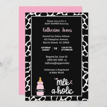 Personalized Milkaholic Cowprint Baby Girl Shower  Invitation