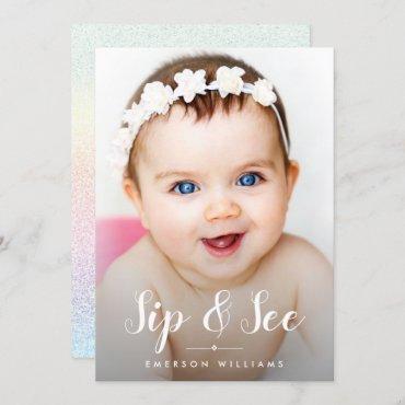Photo Rainbow Glitter Sip and See Baby Shower Invitation
