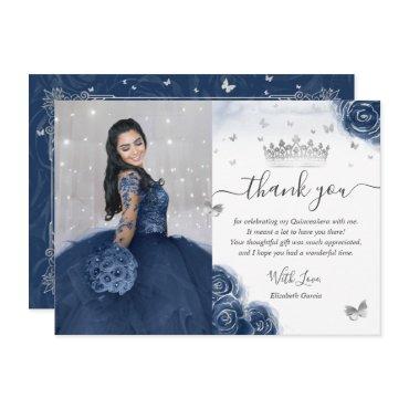 Photo Silver Navy Blue Quinceanera Flat Thank You Card