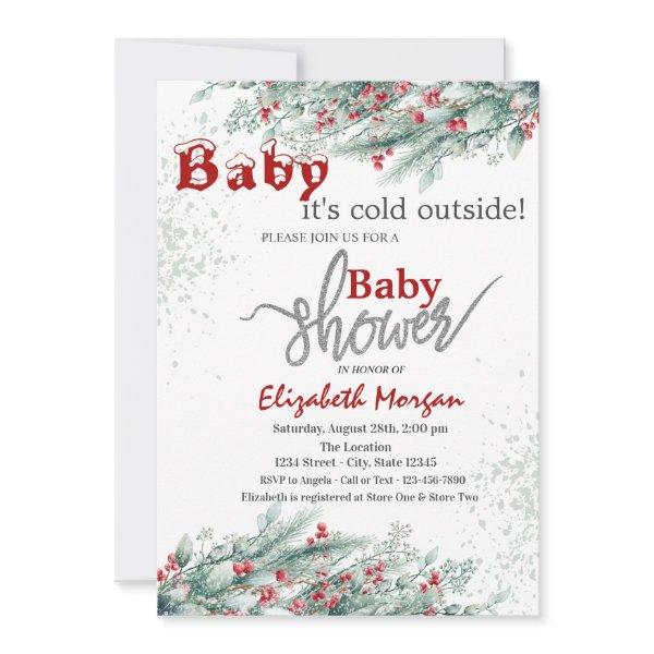Pine Tree Branches Holly Berry Snow Baby Shower