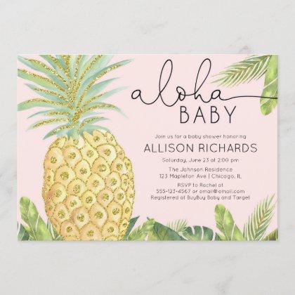Pineapple tropical blush pink girl baby shower invitation