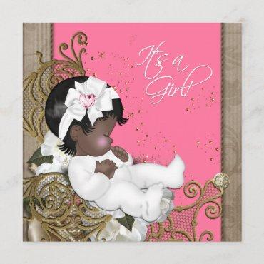 Pink and Brown Ethnic Baby Girl Shower Invitation