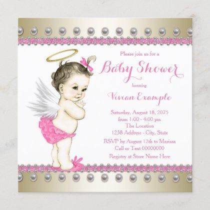 Pink and Gold Angel Baby Shower Invitation