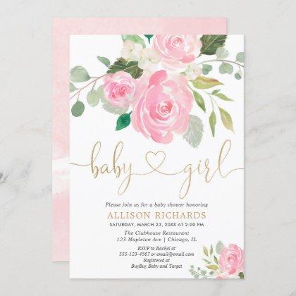 Pink and gold elegant rose floral girl baby shower invitation