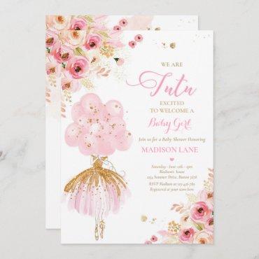 Pink And Gold Floral Ballerina Baby Shower Invitation