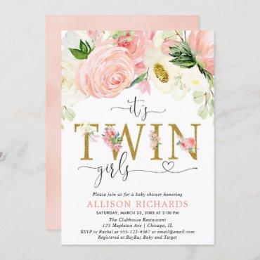 Pink and gold floral twin girls baby shower invitation