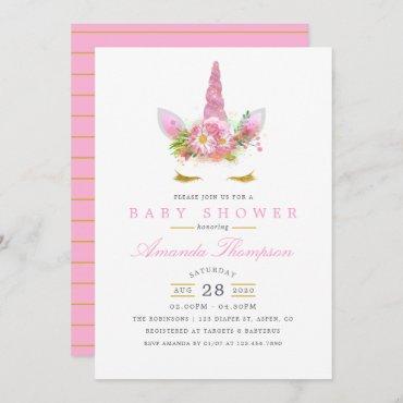 Pink and Gold Floral Unicorn Girl Baby Shower Invitation