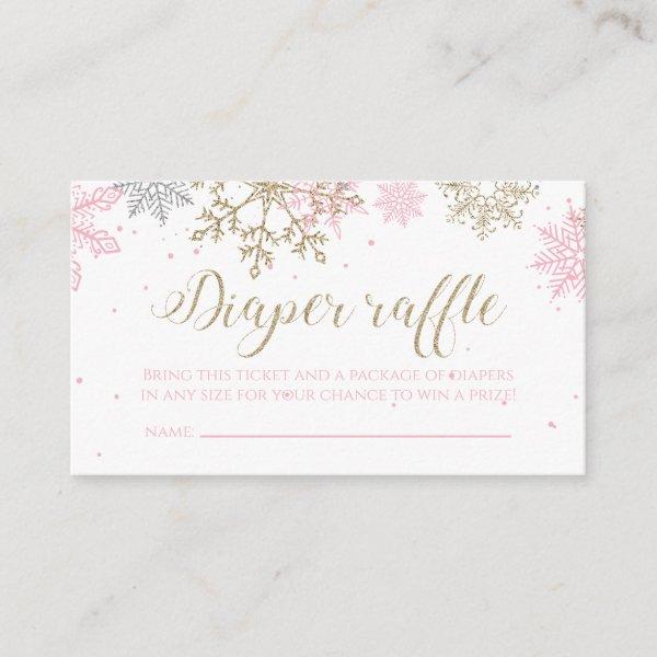 Pink and Gold Glitter Snowflake Diaper Raffle Enclosure Card