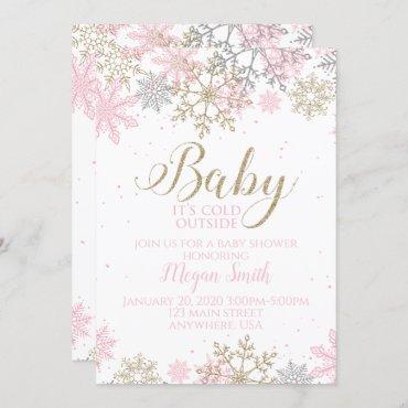 Pink and Gold Snowflake Winter Baby Shower Invitation