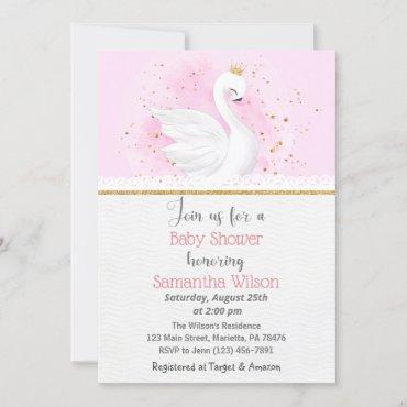 Pink and Gold Swan Princess Baby Shower Invitation