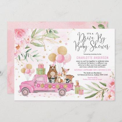 Pink and Gold Woodland Drive Through Baby Shower Invitation