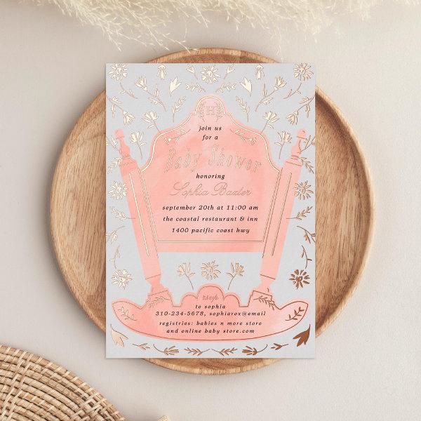 Pink and Gray Antique Cradle Baby Shower Rose Gold Foil