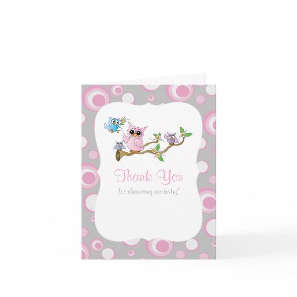 Pink and Gray Baby Owl Baby Shower Thank You