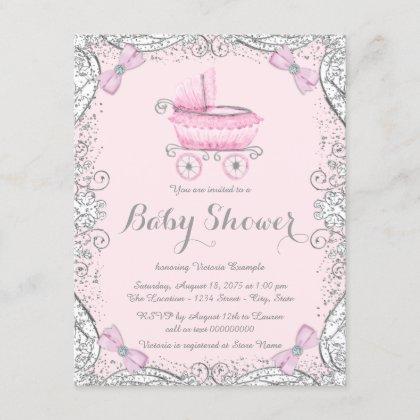 Pink and Gray Glitter Pram Baby Shower Invitation