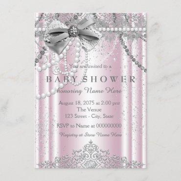 Pink and Gray Pearl Girly Baby Shower Invitation