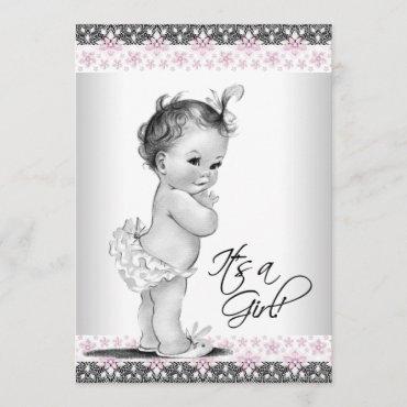 Pink and Gray Vintage Baby Girl Shower Invitation