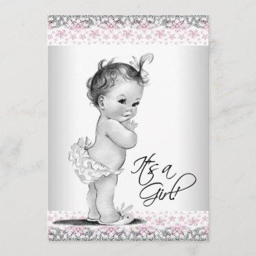 Pink and Gray Vintage Baby Shower Invitation