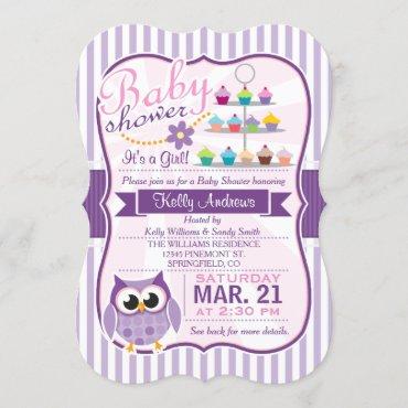 Pink and Lavender Purple Owl, Girl Baby Shower Invitation