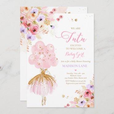 Pink And Lilac Floral Ballerina Baby Shower Invitation
