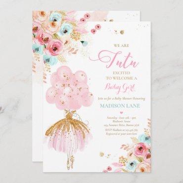 Pink And Mint Floral Ballerina Baby Shower Invitation