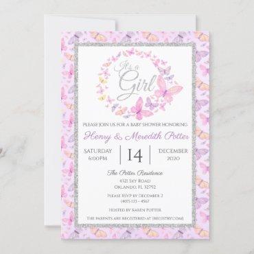 Pink and Purple Silver Butterfly Baby Shower Invitation