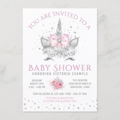 Pink and Silver Diamond Unicorn Baby Shower Invitation