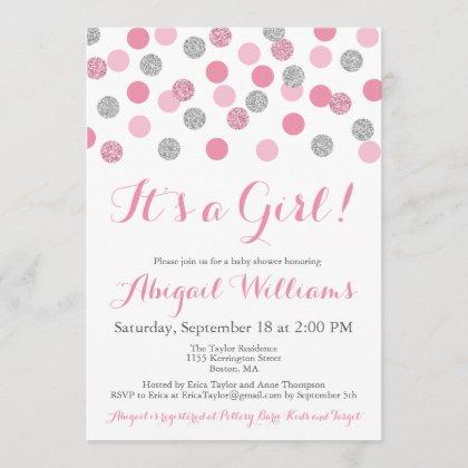Pink and Silver Glitter Baby Shower Invitations