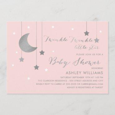 Pink and Silver Moon and Stars Baby Shower Invitation