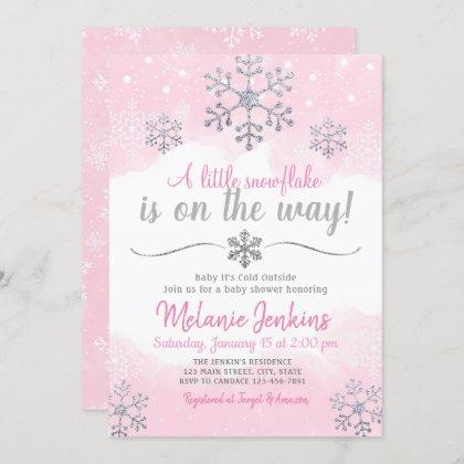 Pink and Silver Snowflake Baby Shower Invitation